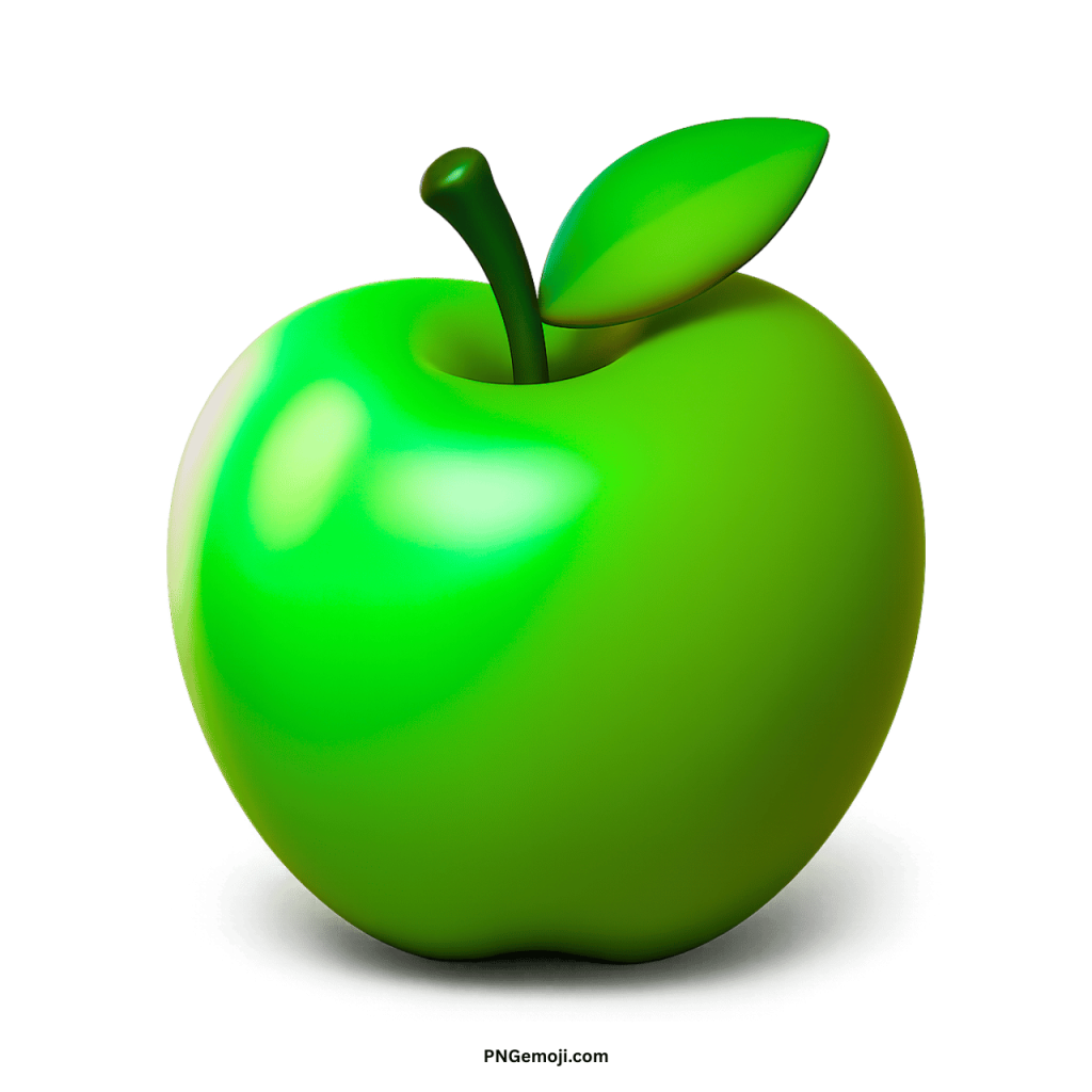 A glossy 3D green apple emoji with a darker green leaf and a dark stem on a black background.