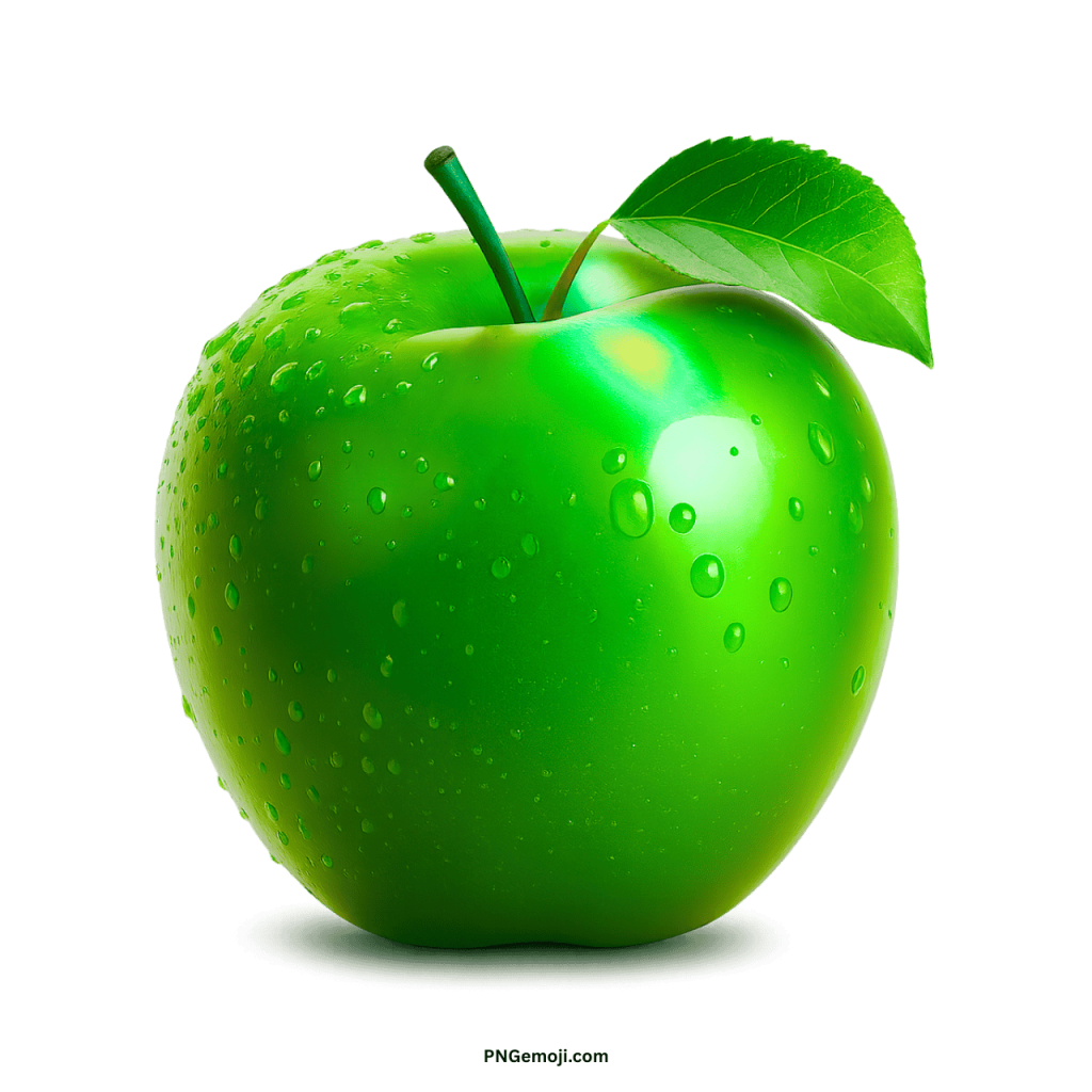 vibrant green apple with a shiny surface, covered in water droplets and a fresh leaf.