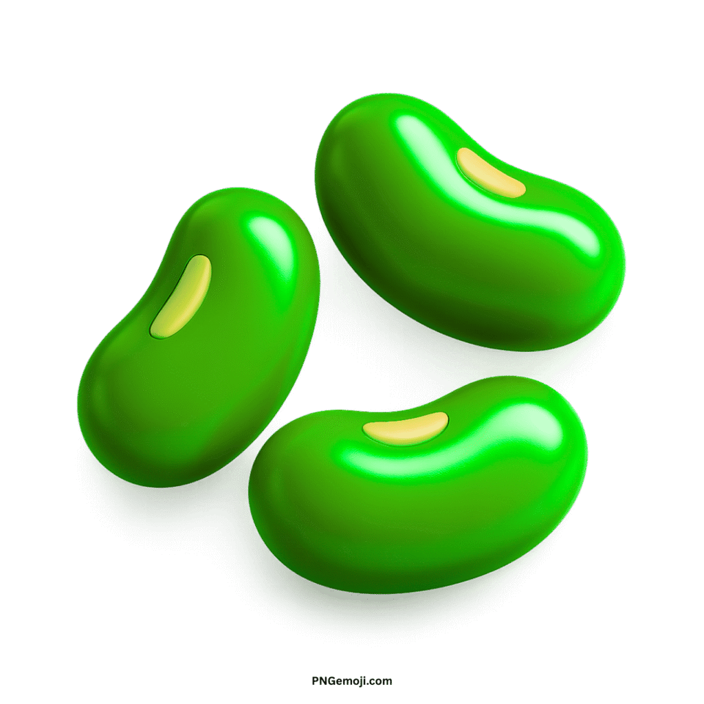 Three glossy green beans emoji with subtle highlights on a deep black background.