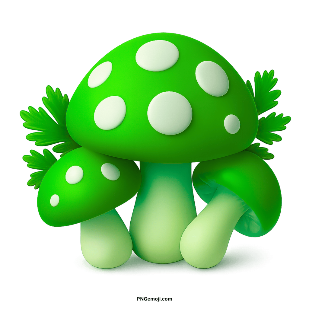 Green cartoon mushroom PNG with white spots and leafy details in high resolution