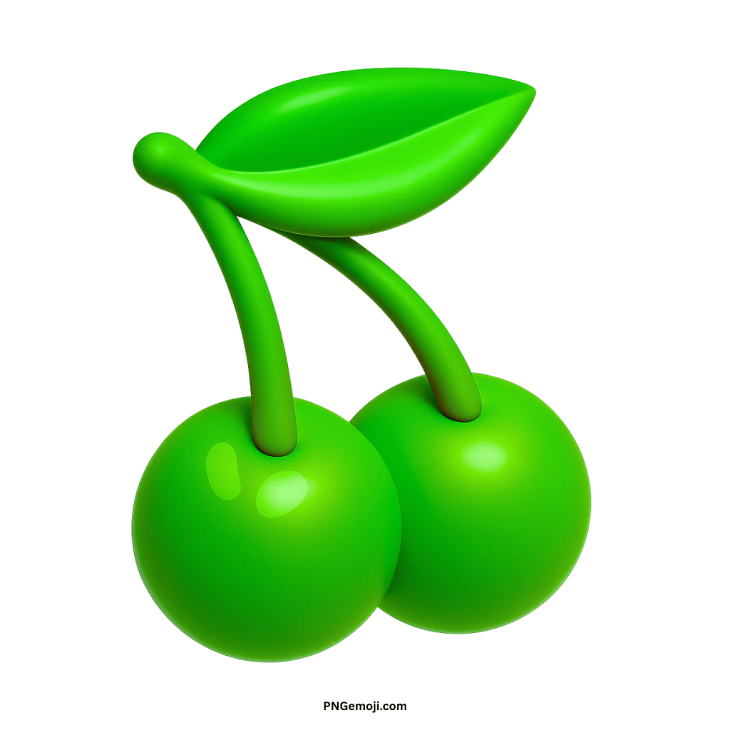 A glossy green cherry emoji with smooth finish, vibrant green leaves on a sleek black background.