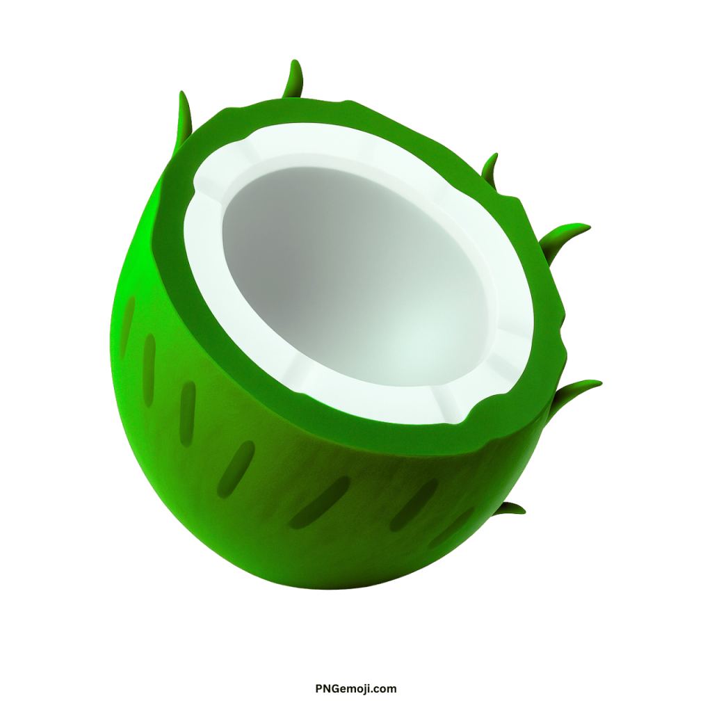 Green coconut emoji PNG half-cut tropical fruit with white edible inner shell illustration