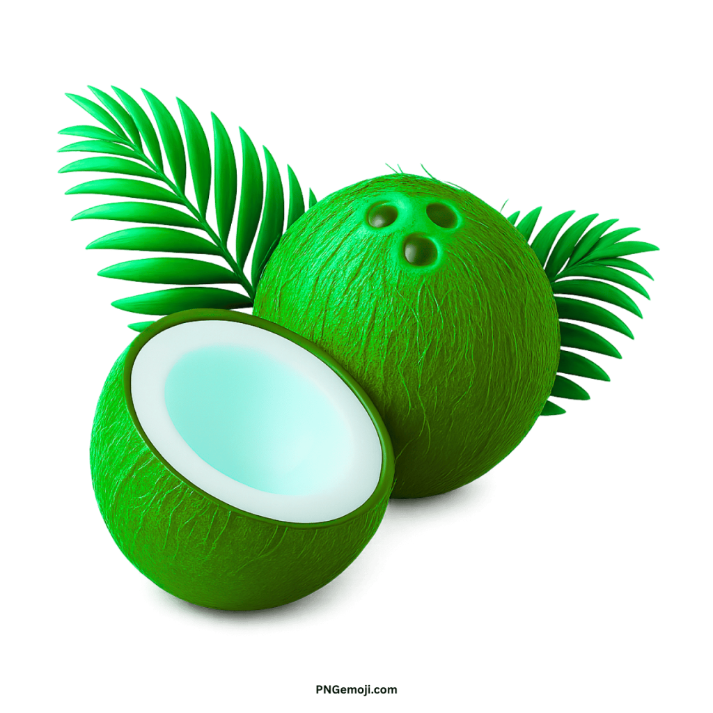 Green coconut PNG with palm leaves and half-open tropical fruit on transparent background