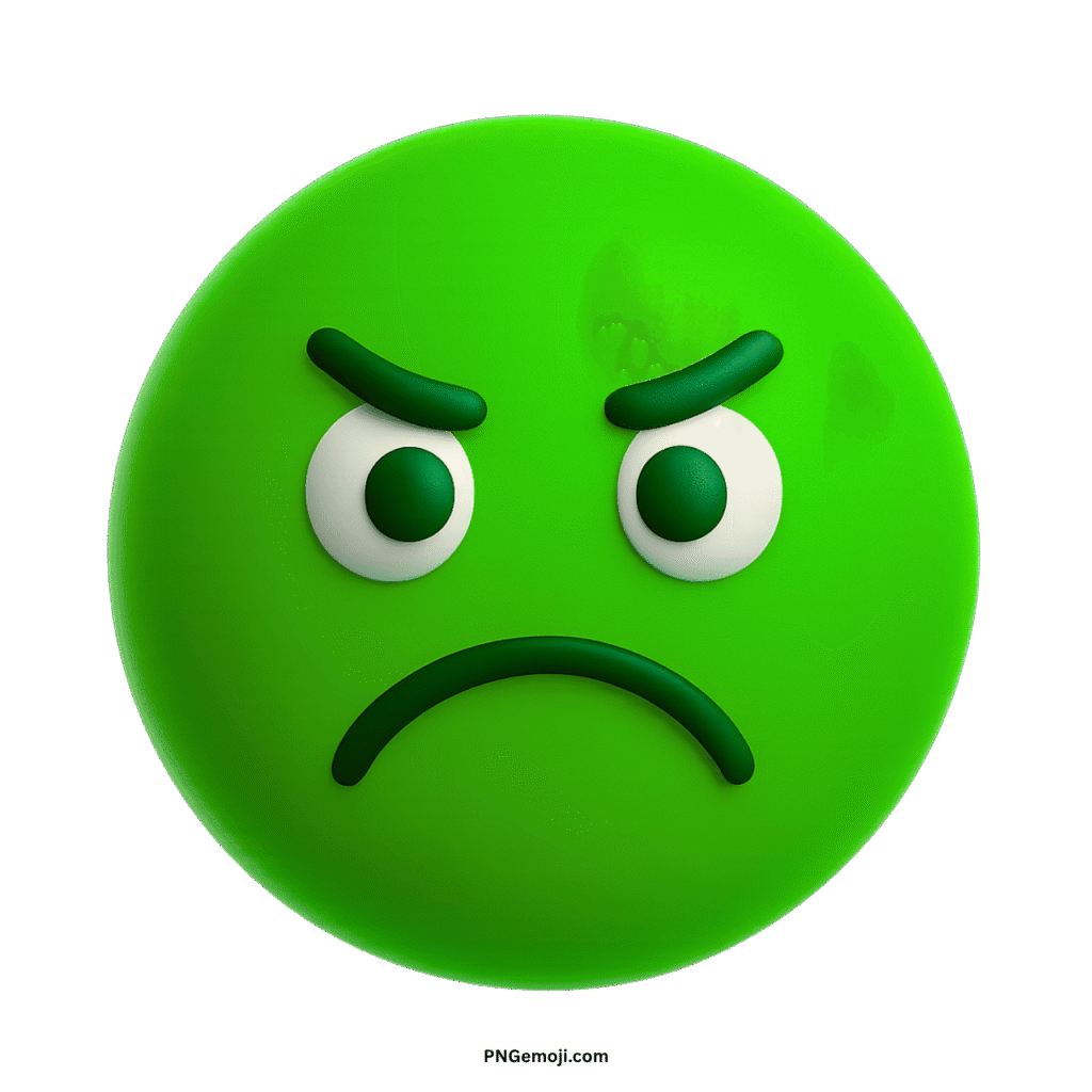 An angry green emoji with furrowed brows, wide eyes, and a frustrated frown.