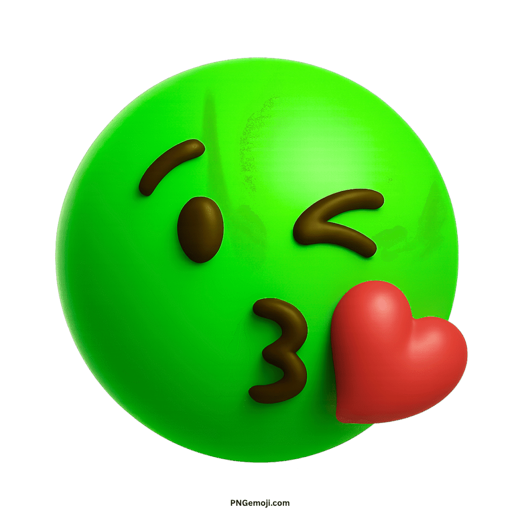 A vibrant green emoji face winking and blowing a bright red heart kiss.