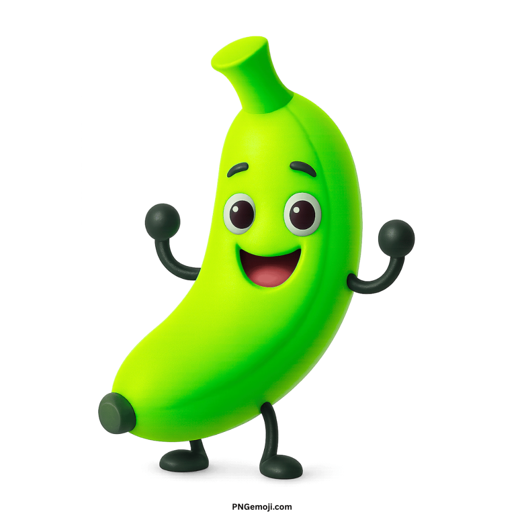 Green banana emoji cartoon character smiling with big eyes and playful pose on transparent background
