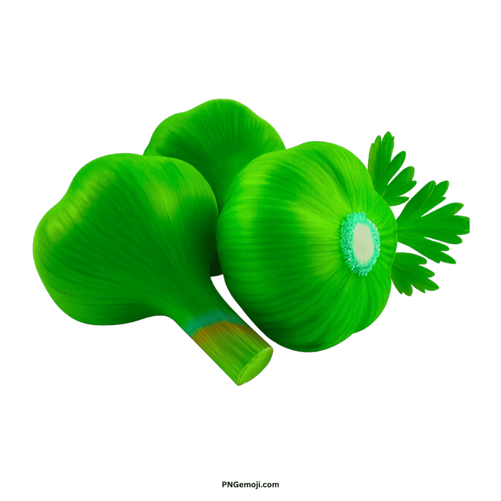 Green garlic emoji PNG illustration showing fresh garlic cloves with leafy greens