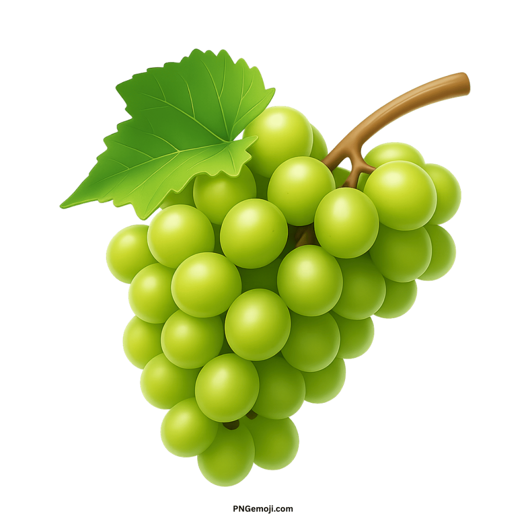 A lush green grape emoji with a leaf and brown stem, on a black background.