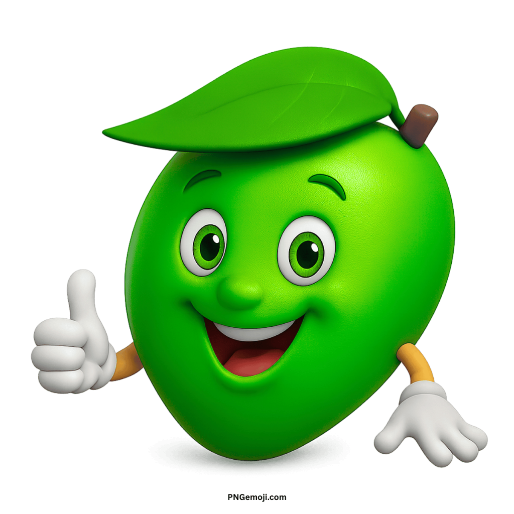 Smiling green mango emoji cartoon fruit character with leaf hat giving thumbs up PNG