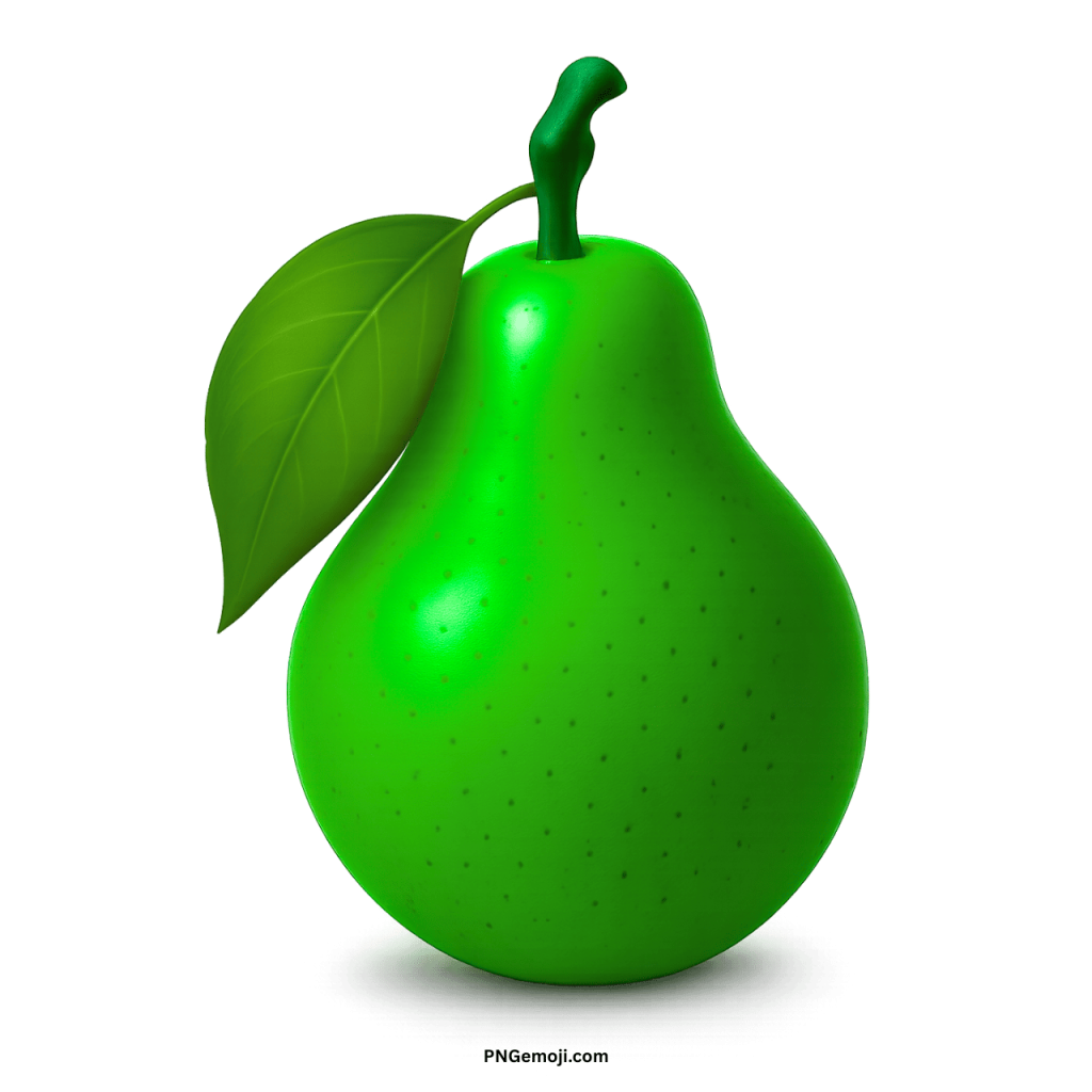 A bright green pear with a fresh stem and a matching green leaf on a black background.