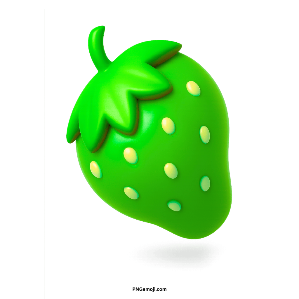 Vivid 3D rendered green strawberry emoji with bright green stem and light seeds.