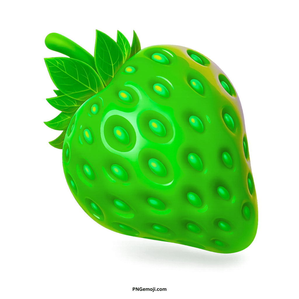 Luminous green strawberry with glowing yellow seeds and a glossy texture on a black background.