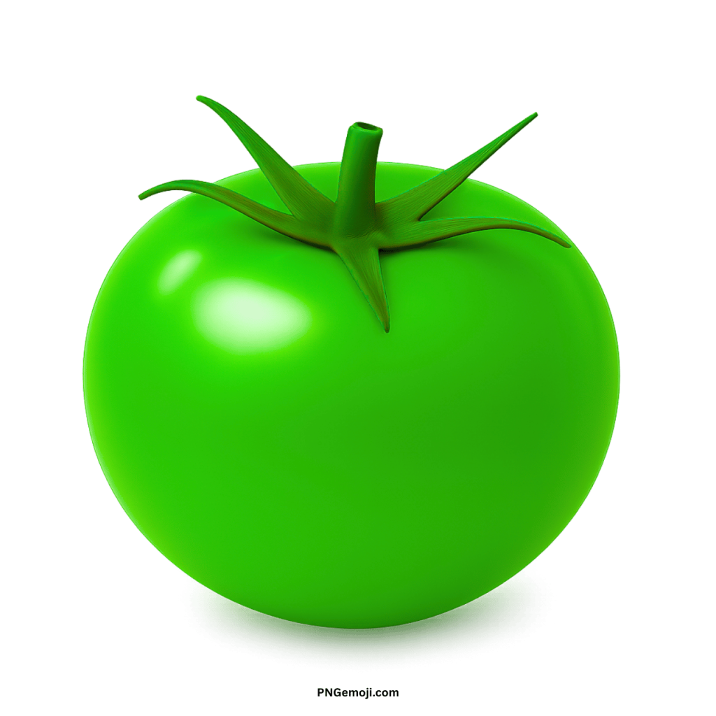 A glossy green tomato with a vibrant green stem against a solid black background.