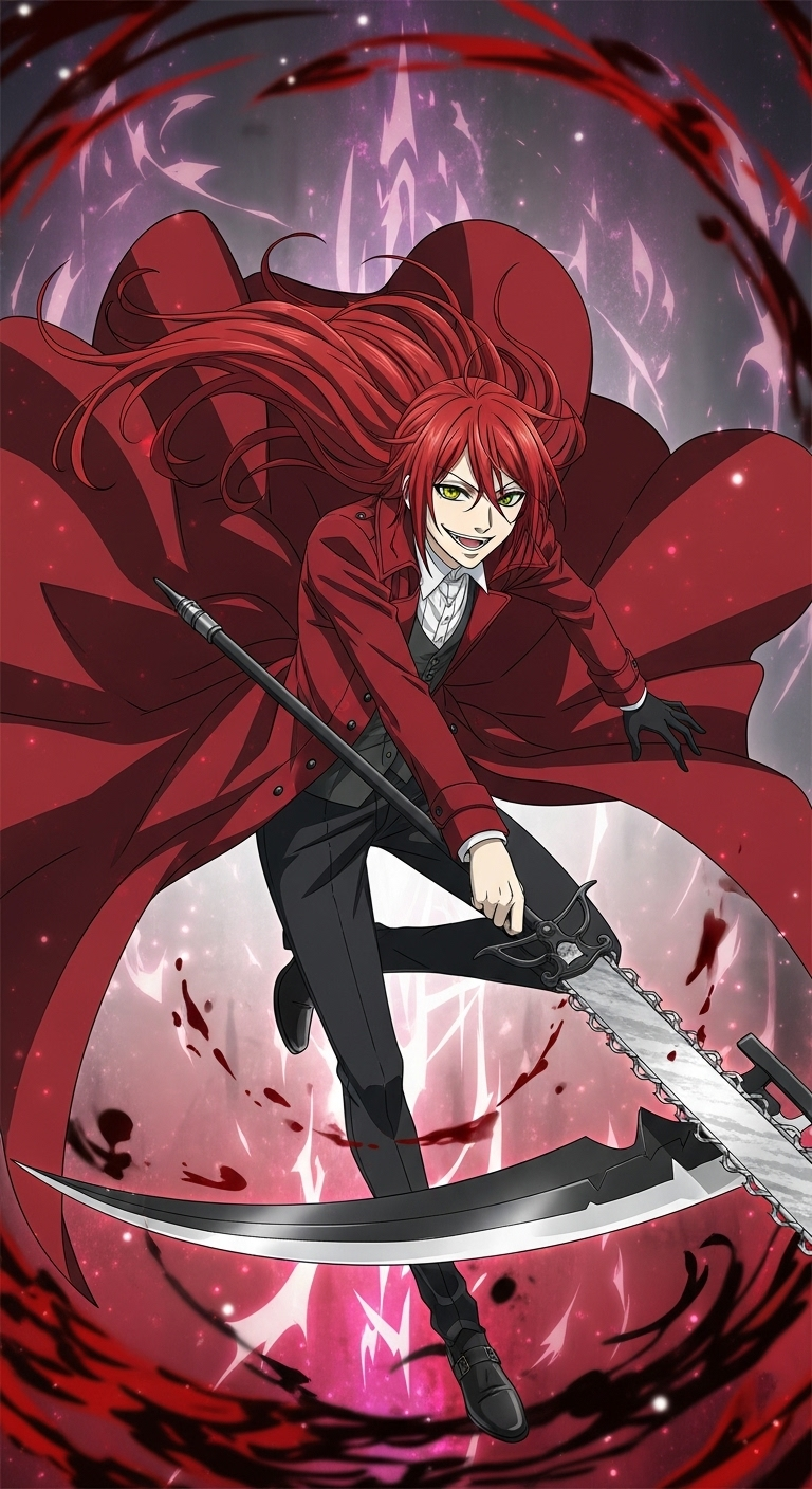 Grell Sutcliff anime wallpaper with red coat and deadly scythe in battle stance
