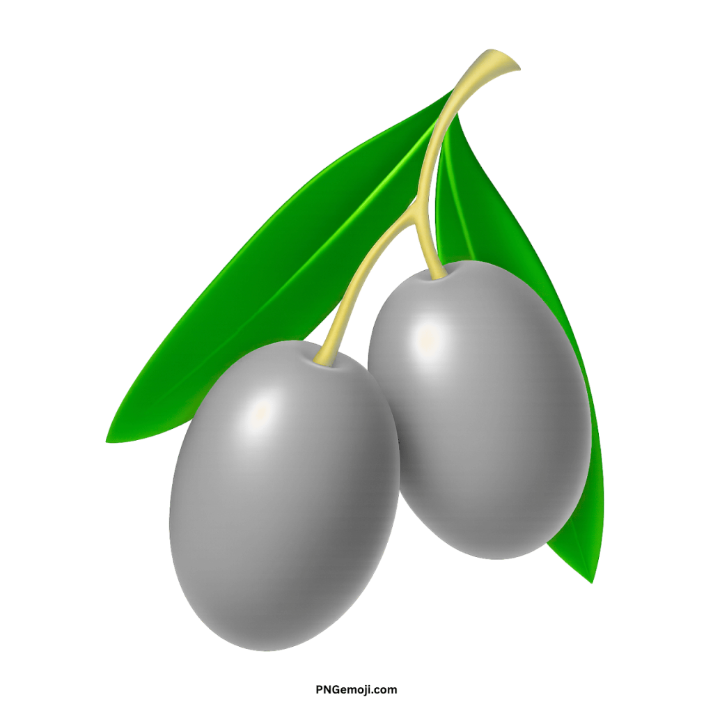  Two grey olives with green leaves on a light brown branch against a black background.