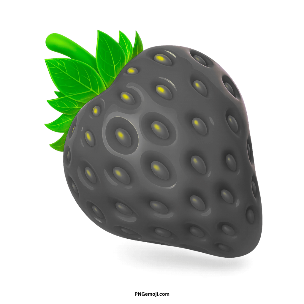  Dark grey strawberry with glowing yellow seeds and vibrant green leaves on a black background.