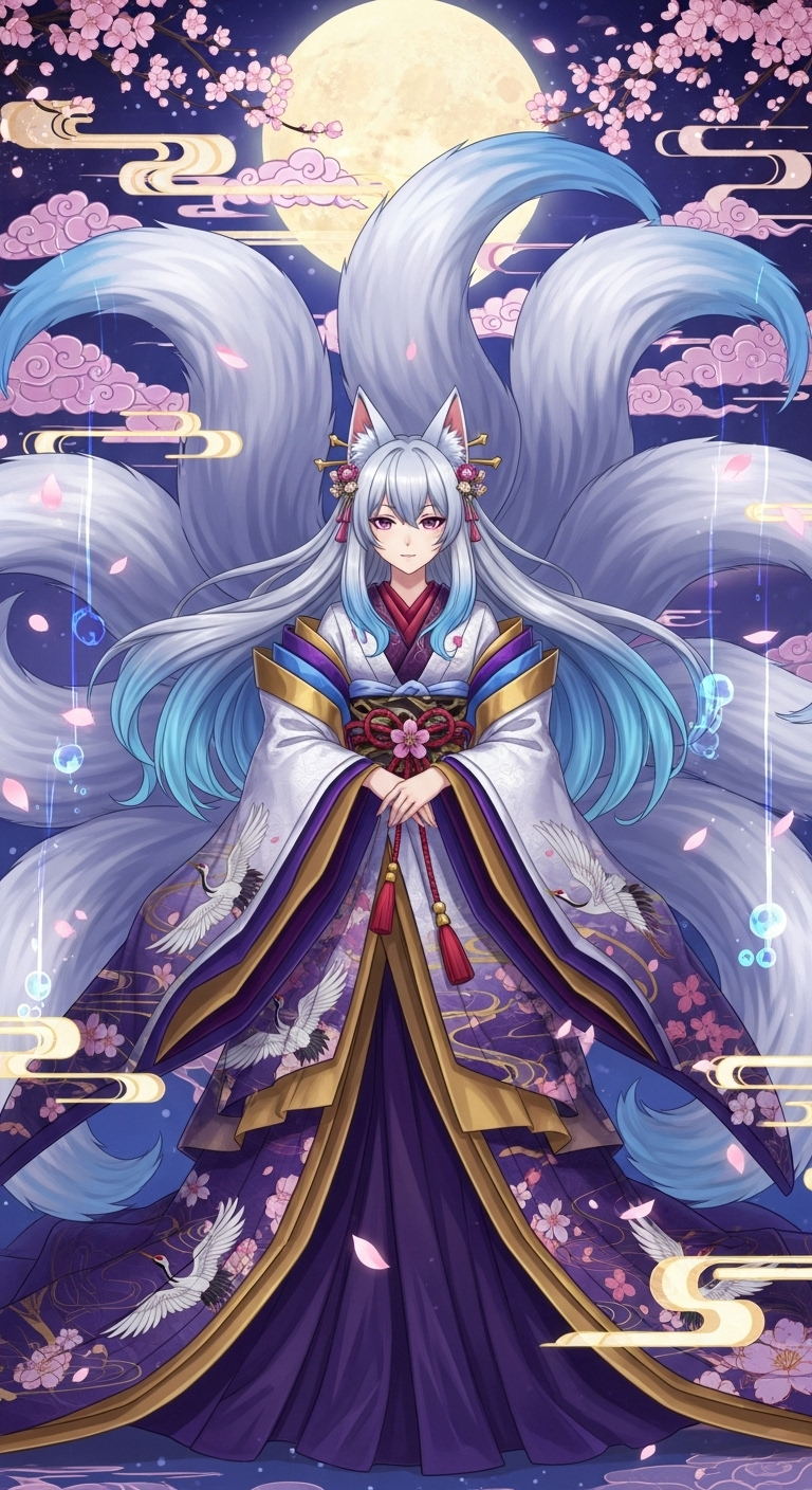 Elegant hagoromo nine-tailed fox goddess under full moon with cherry blossoms