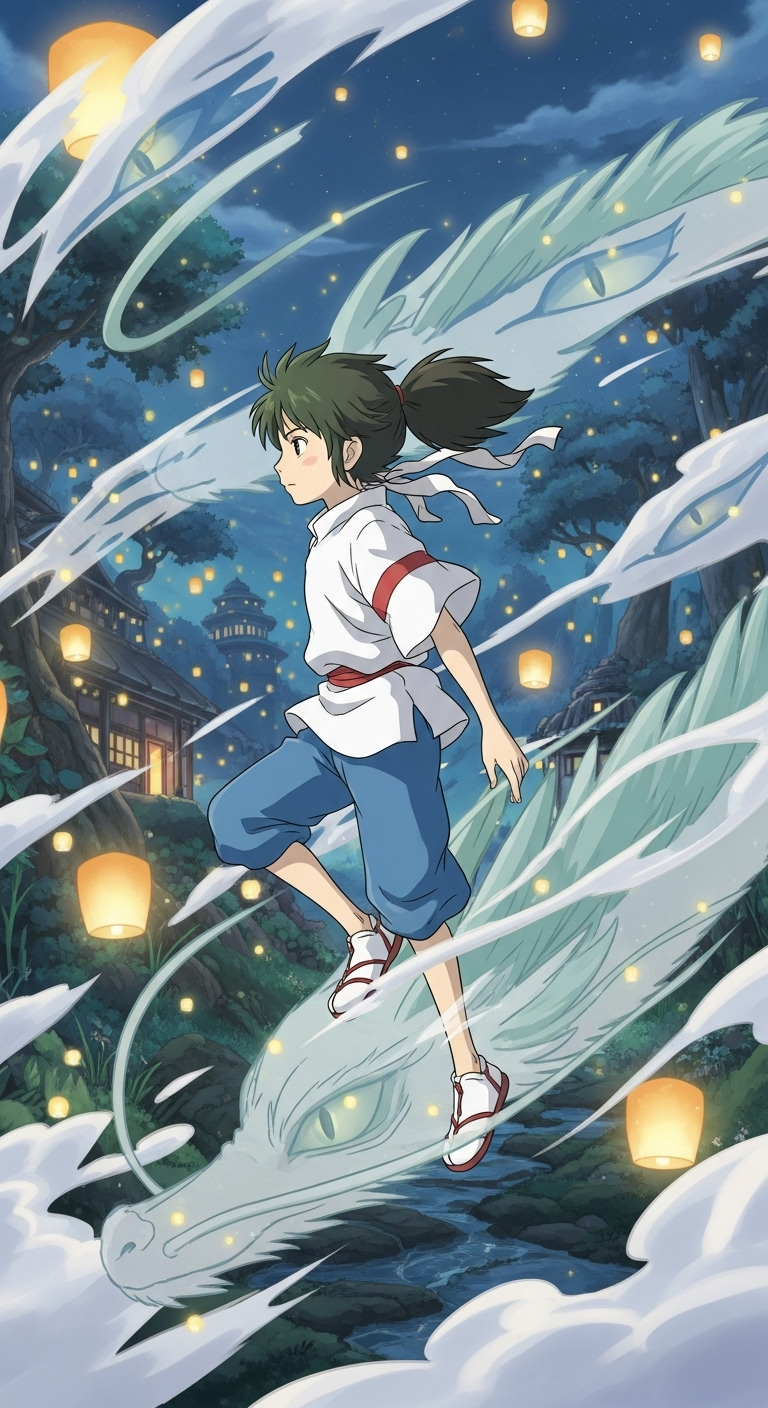 Haku flying with spirit dragon under lantern sky in Spirited Away anime wallpaper