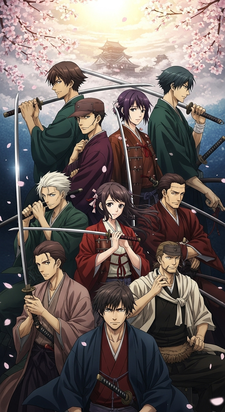 Hakuouki anime wallpaper featuring samurai characters with swords under cherry blossoms background