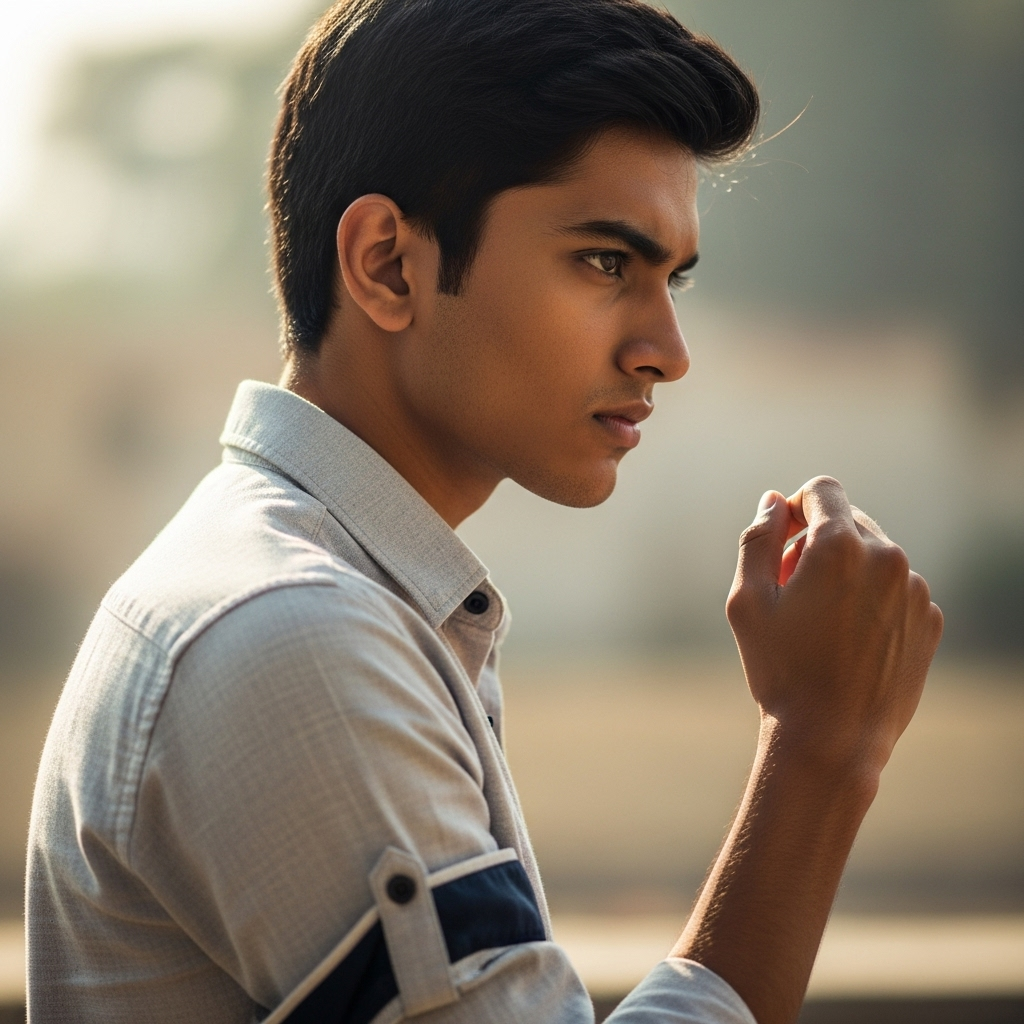 Elegant young man with sleek black hair in light gray shirt, thoughtful profile pose with raised fist against hazy sunset landscape background.