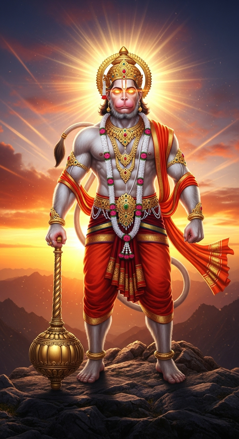 Lord Hanuman HD wallpaper 1080p with divine aura, sunset background, mace and ornaments