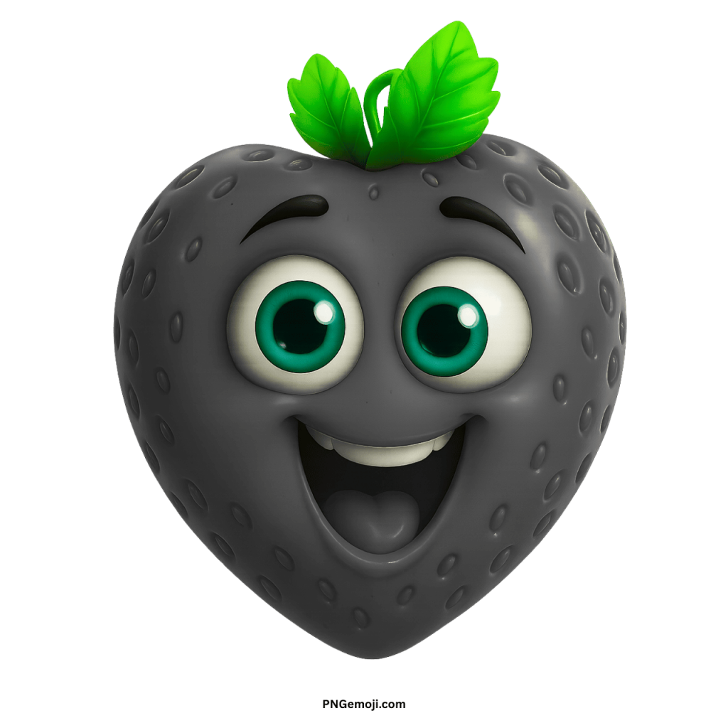 A cheerful dark gray heart-shaped cartoon strawberry with big green eyes and a wide happy smile.