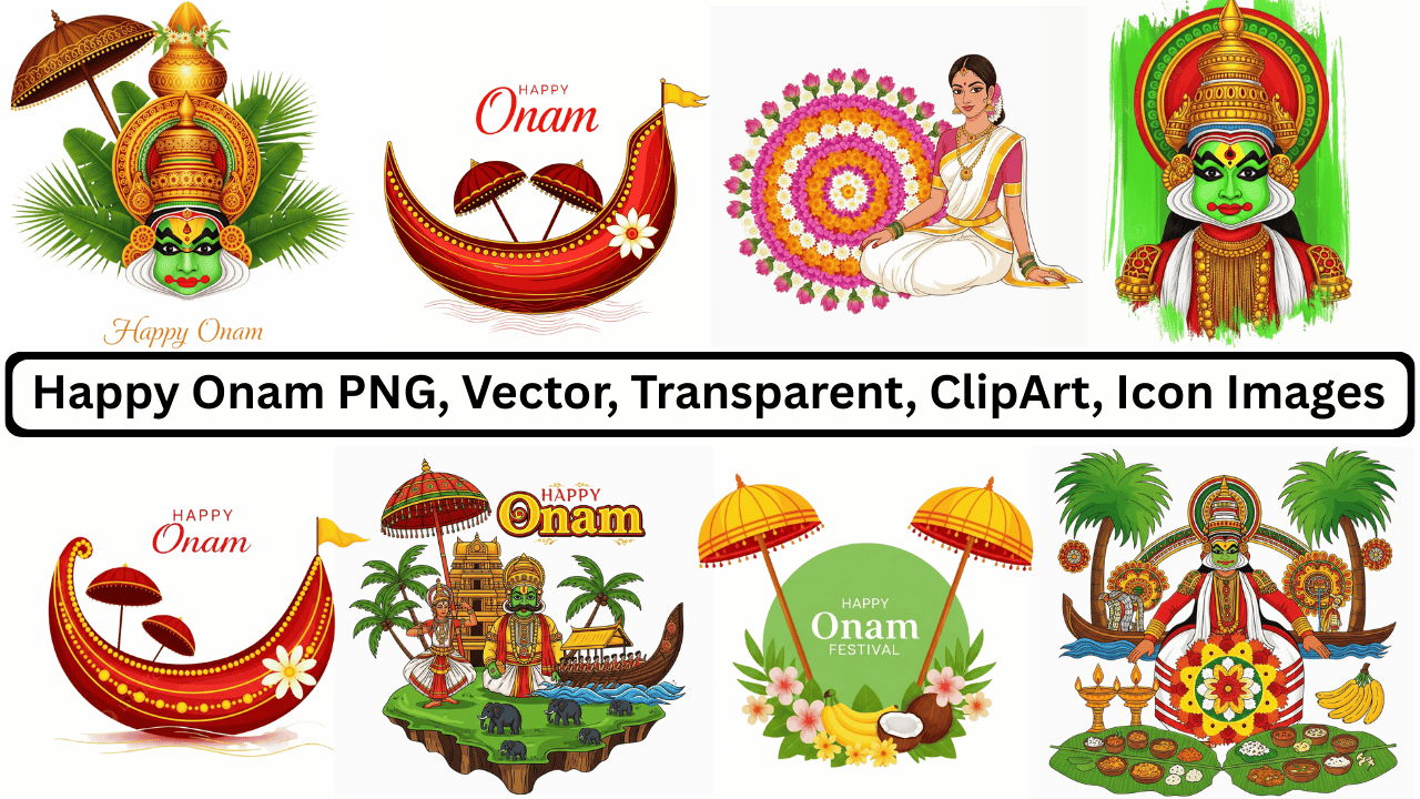 Happy Onam PNG collection with Kathakali, Pookalam, boat race, traditional Kerala art and icons