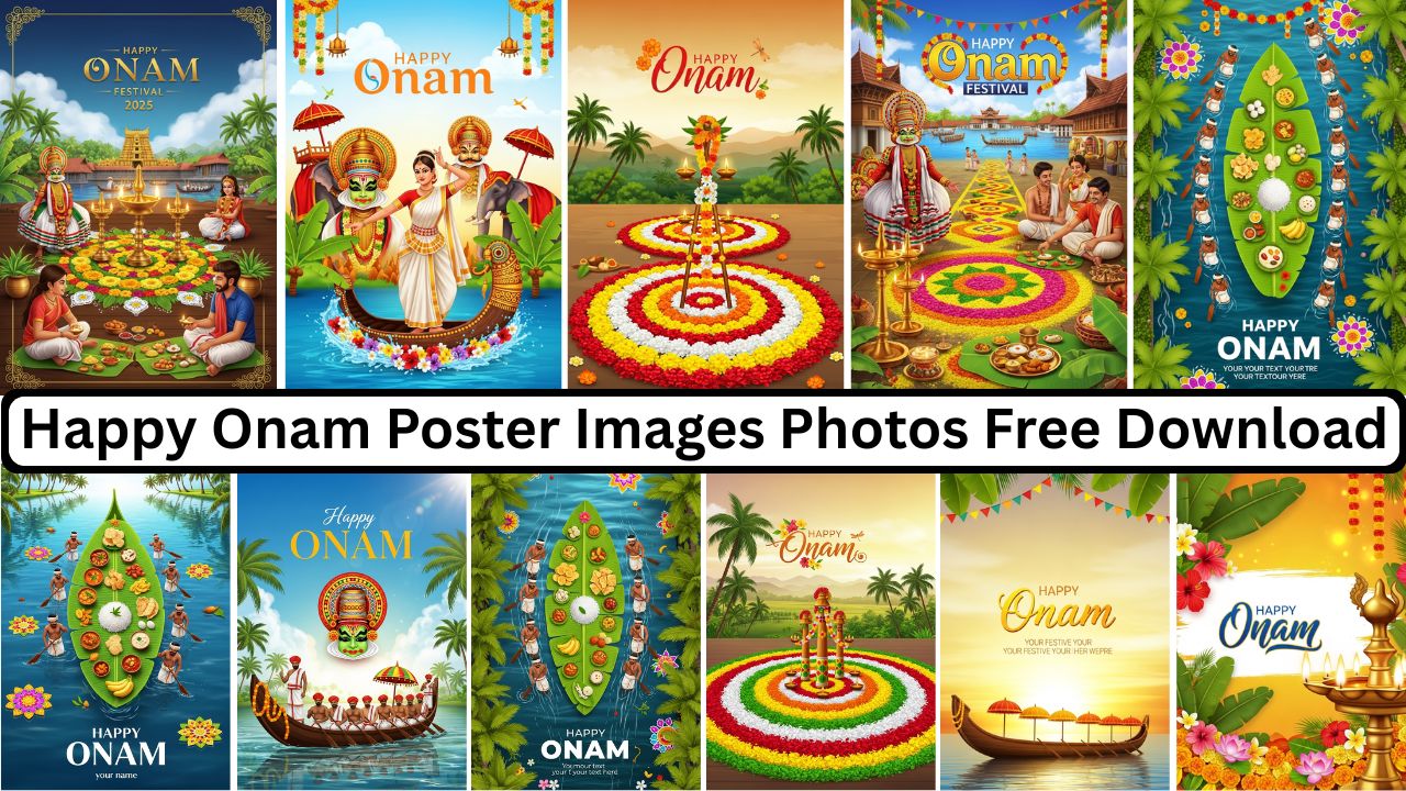 Happy Onam poster images with Kerala boat race, floral rangoli, kathakali, and traditional sadhya celebration