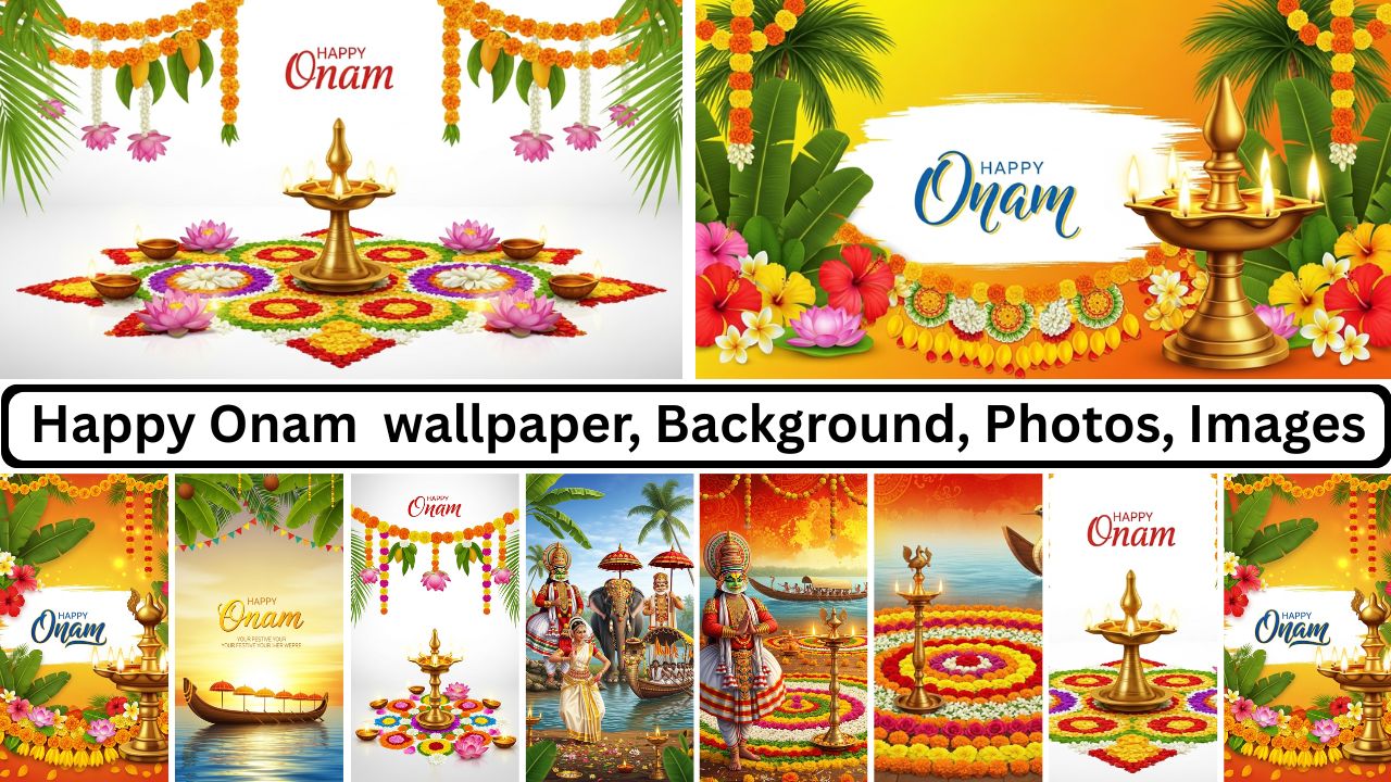 Happy Onam festival wallpaper collage with pookalam, lamps, boat race, kathakali dance and decorations
