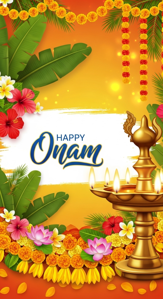 Happy Onam wallpaper with golden diya, flower garlands, banana leaves and festive decoration background