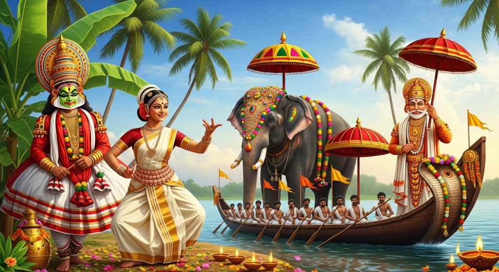 Happy Onam wallpaper with Kathakali dancer, decorated elephant, boat race and Kerala festival celebration