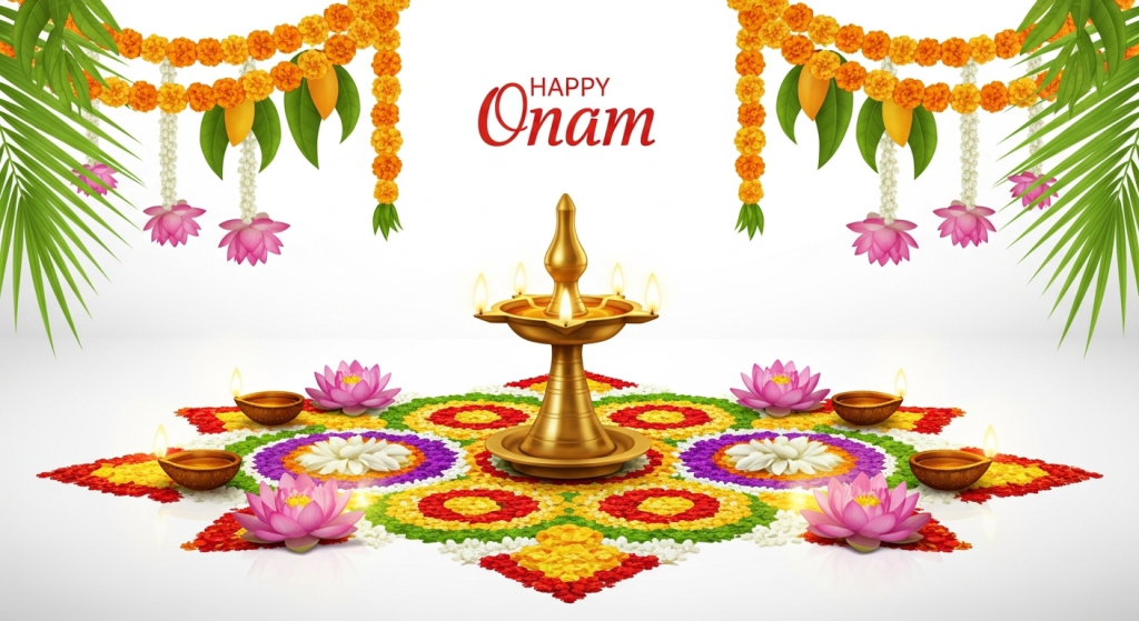 Happy Onam wallpaper with colorful pookalam flower rangoli, lotus flowers and traditional diya lamp