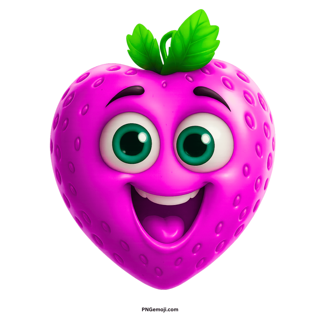 A joyful pink heart-shaped cartoon strawberry with big green eyes and a wide smile.