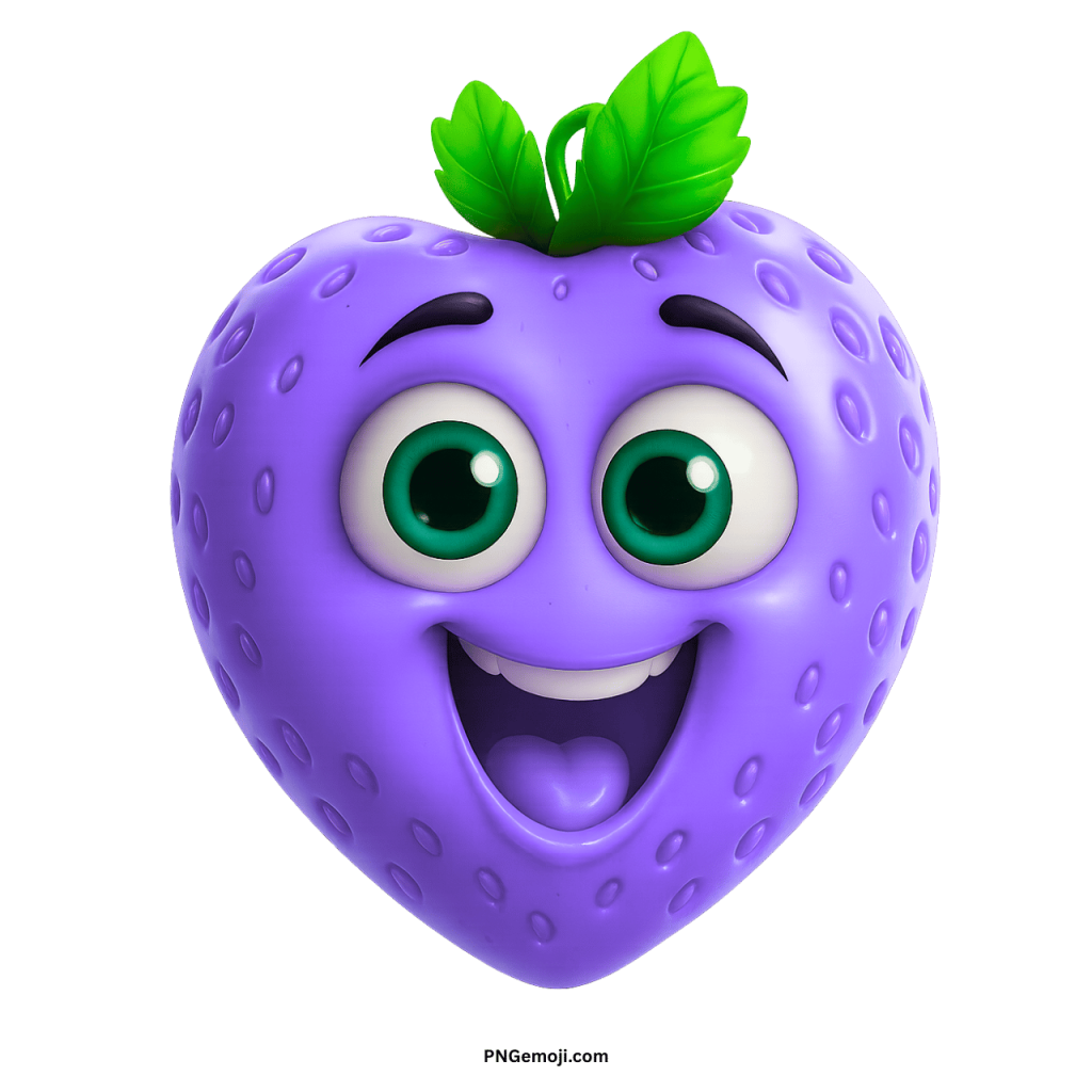  A joyful purple heart-shaped cartoon strawberry with big green eyes and a wide smile.