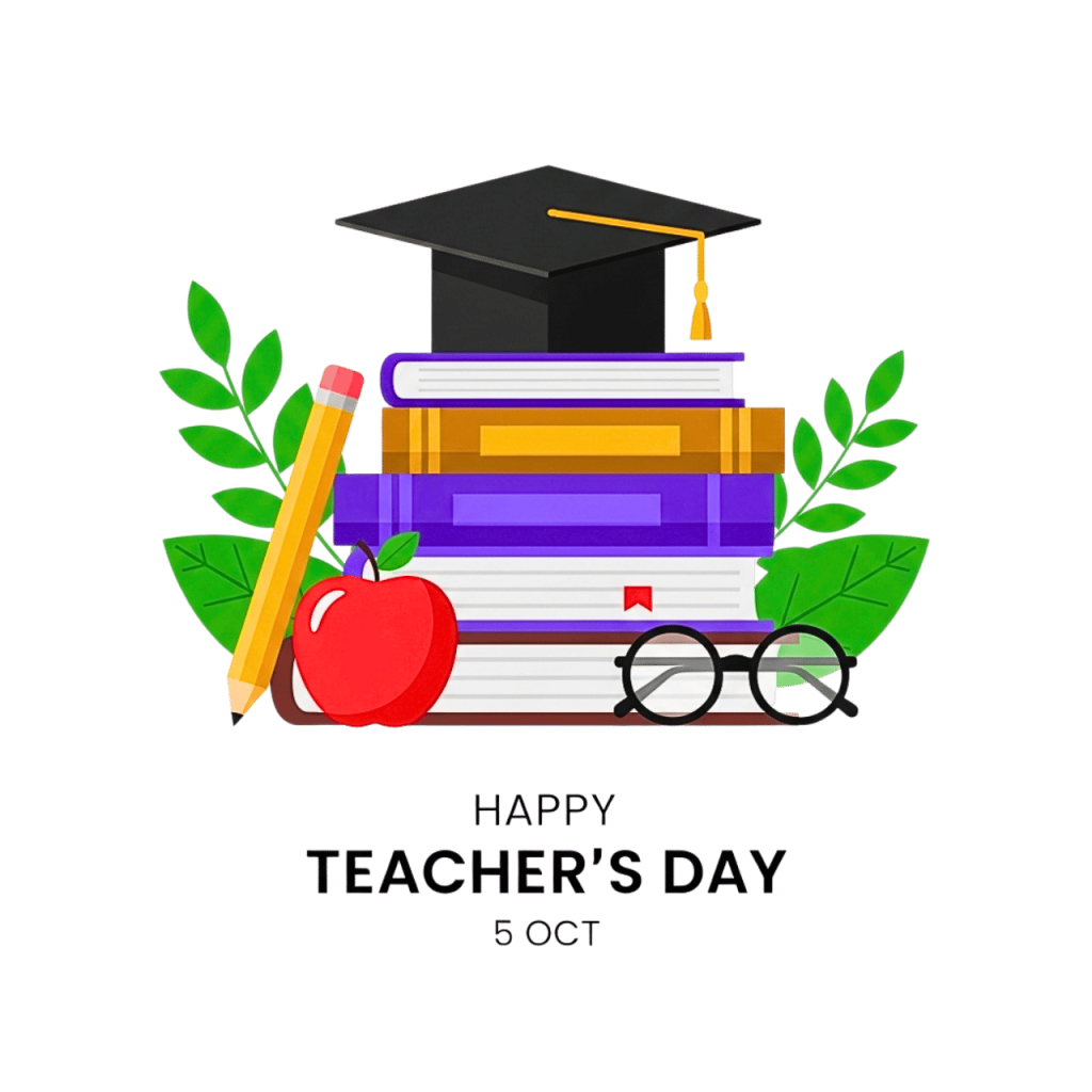 Happy Teacher’s Day illustration with books, graduation cap, apple, pencil, and glasses