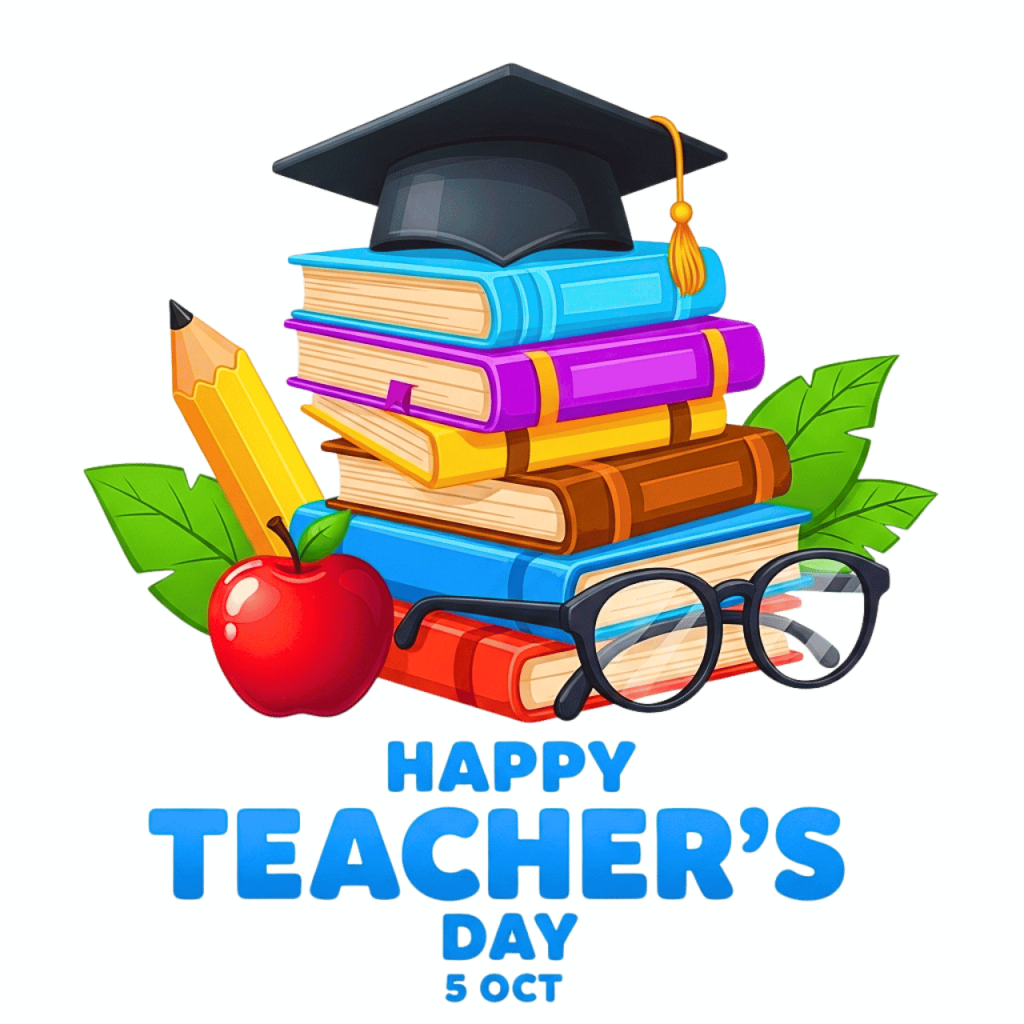 Happy Teacher’s Day illustration with books, graduation cap, apple, pencil, and glasses