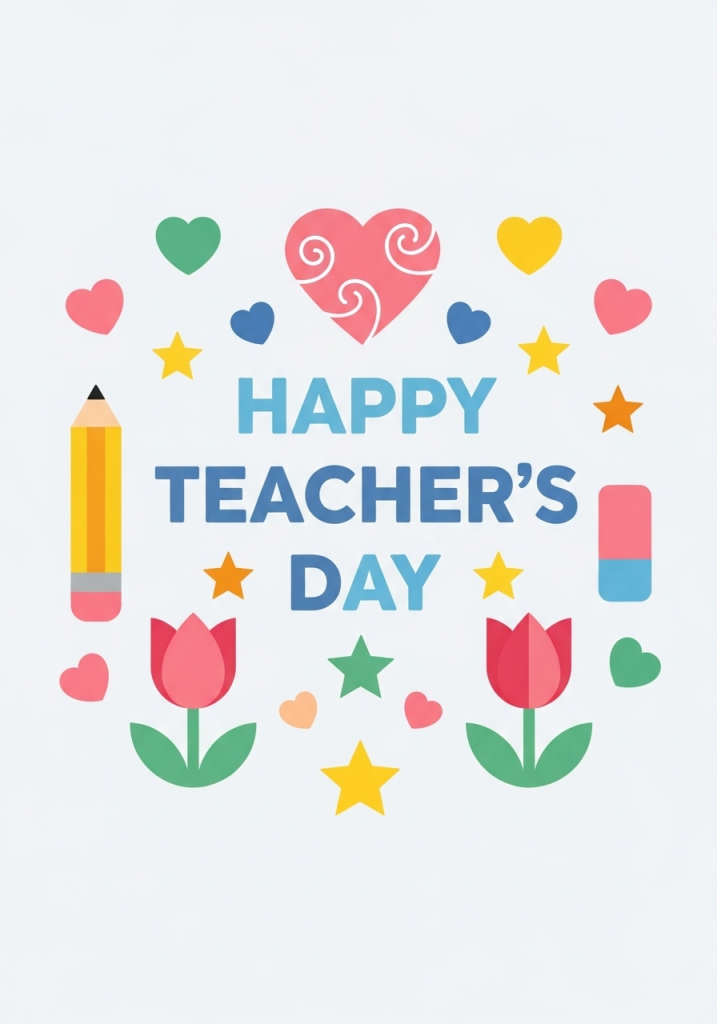 Happy Teachers Day colorful greeting card with flowers, hearts, stars, pencil, and eraser