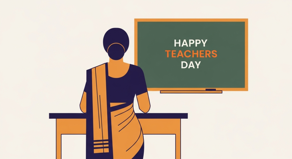 Happy Teachers Day illustration with woman teacher standing in classroom near chalkboard