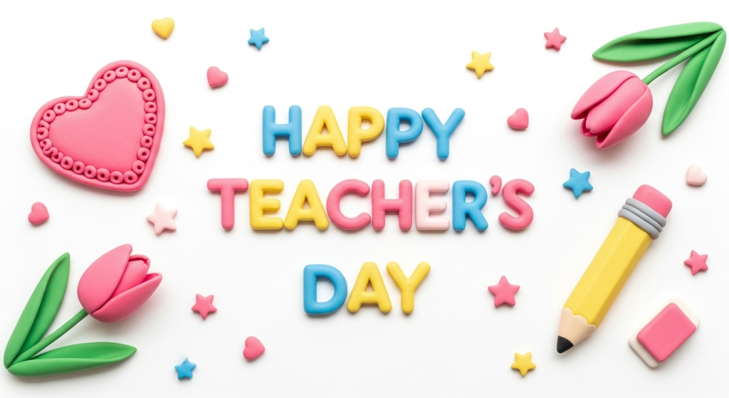 Colorful Happy Teacher’s Day clay art with flowers pencil heart and decorative stars