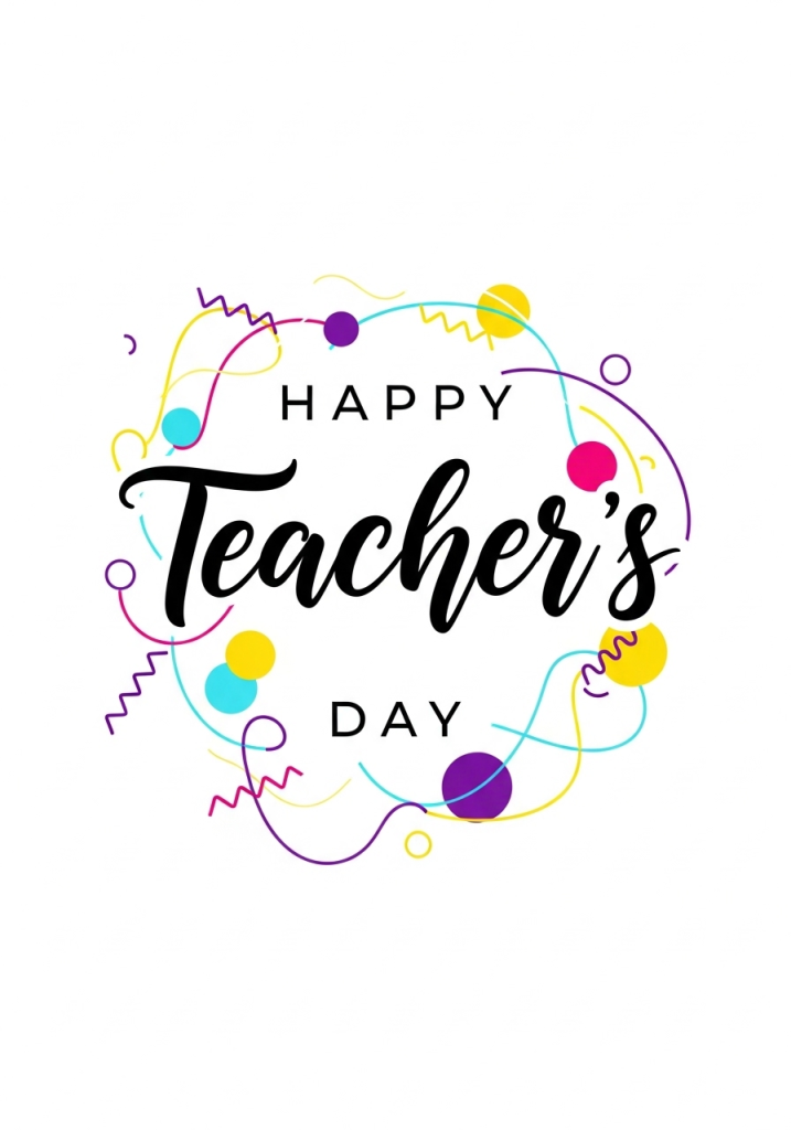 Happy Teachers Day greeting card with colorful confetti, circles, and abstract decorative lines