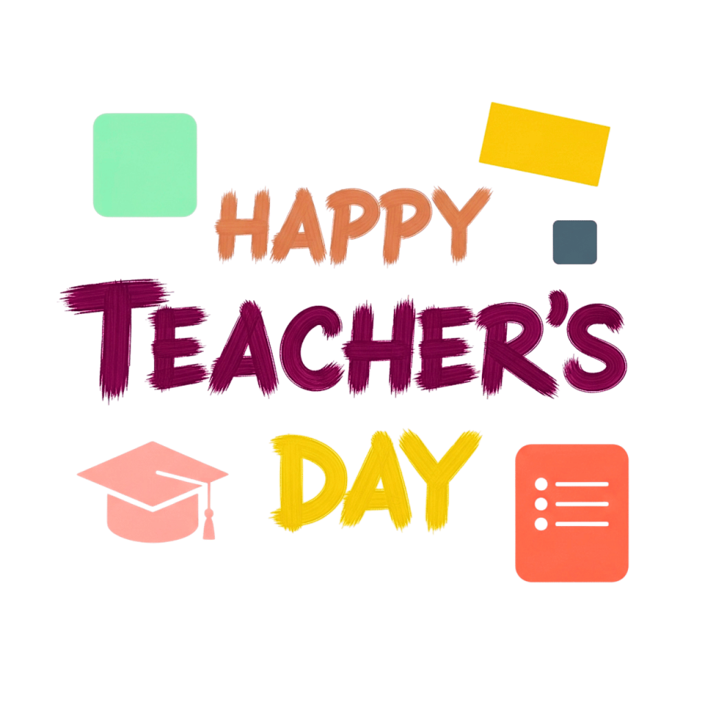 Happy Teacher's Day text with graduation cap and note icon on green.