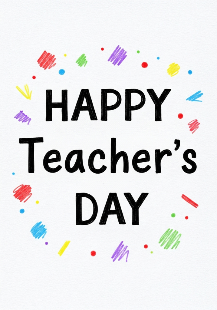 Happy Teachers Day hand-drawn colorful text with doodles and festive decorations