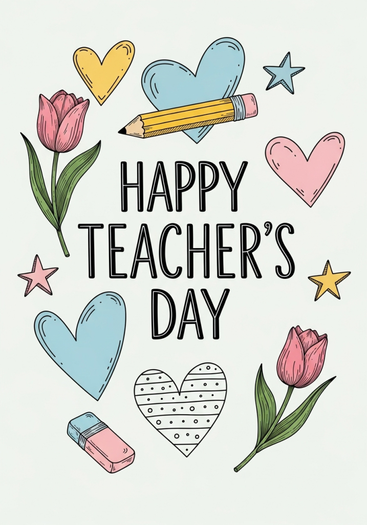 Happy Teachers Day hand-drawn greeting card with flowers, hearts, stars, pencil, and eraser