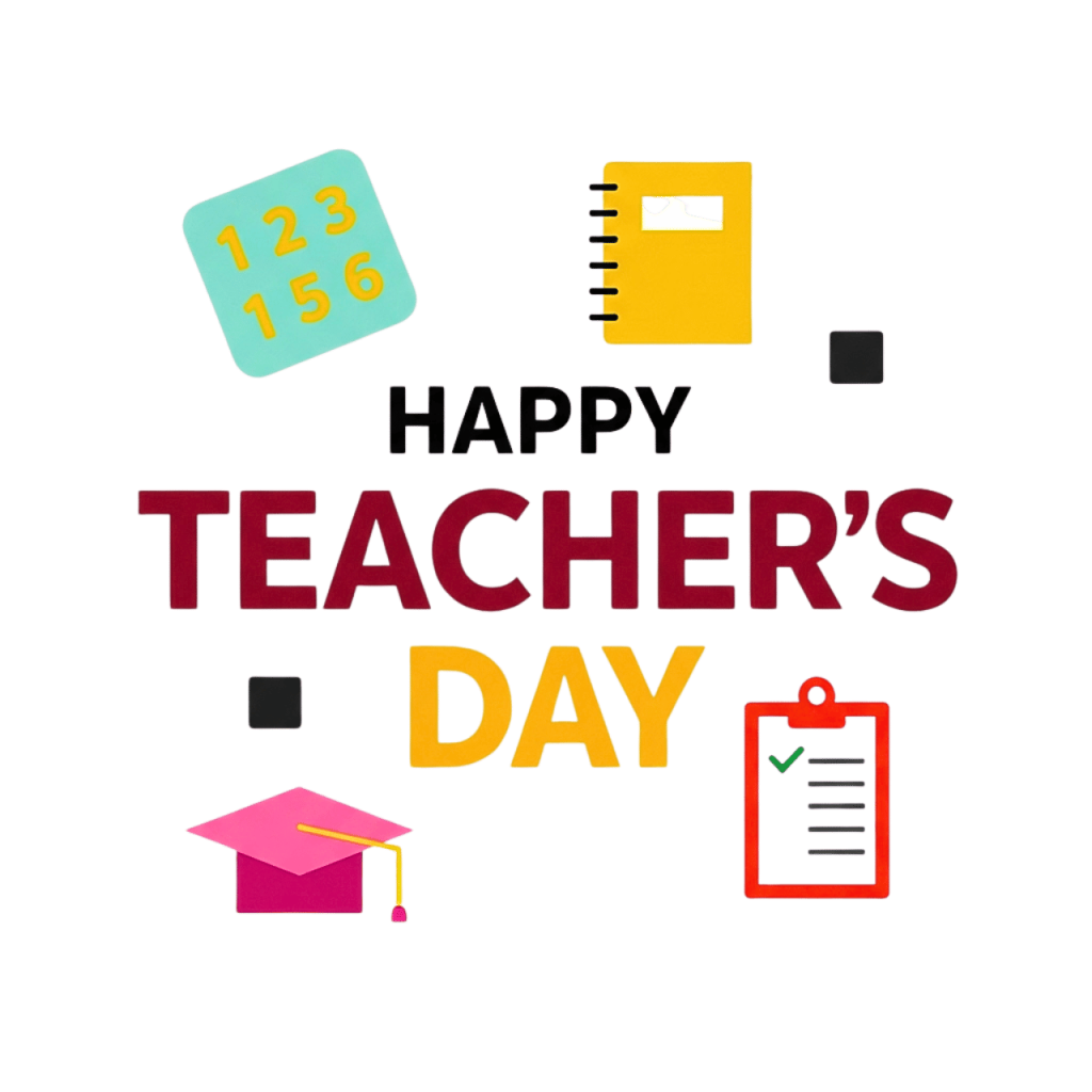 Happy Teacher’s Day illustration with graduation cap, notebook, math numbers, and clipboard