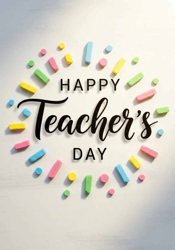 Happy Teachers Day minimalist greeting card with colorful chalk pieces arranged in a circle