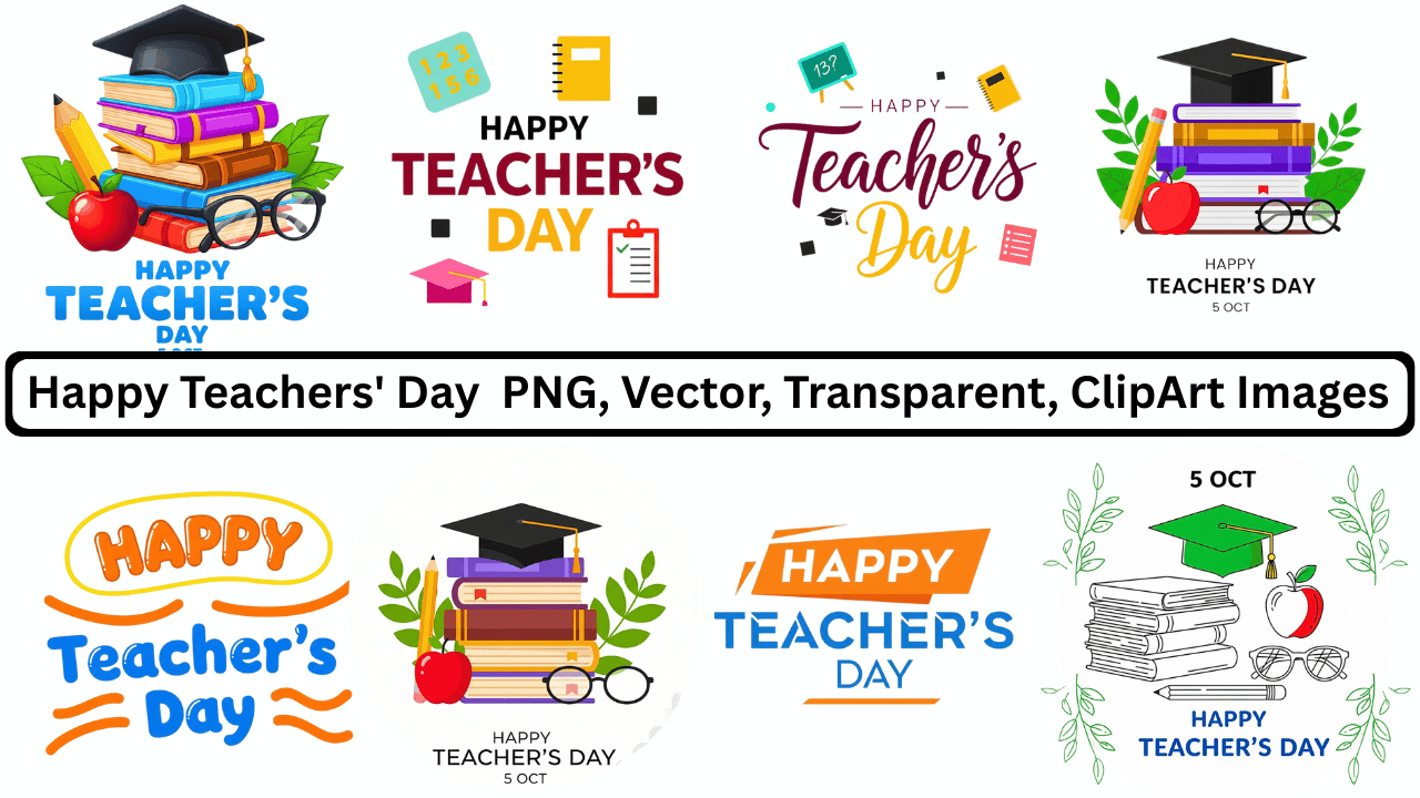 Happy Teachers Day PNG vector transparent clipart images with books graduation cap apple
