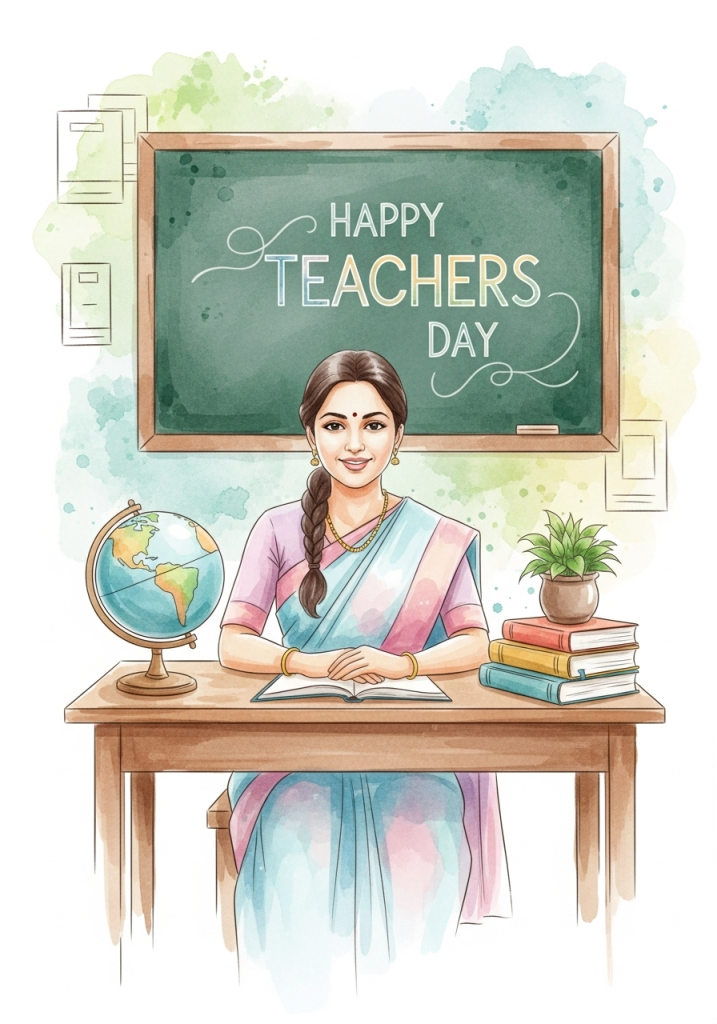 Watercolor illustration of Indian female teacher sitting at desk with globe books and blackboard