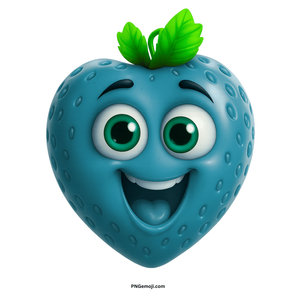  A happy teal heart-shaped cartoon strawberry with big green eyes and a wide smile.