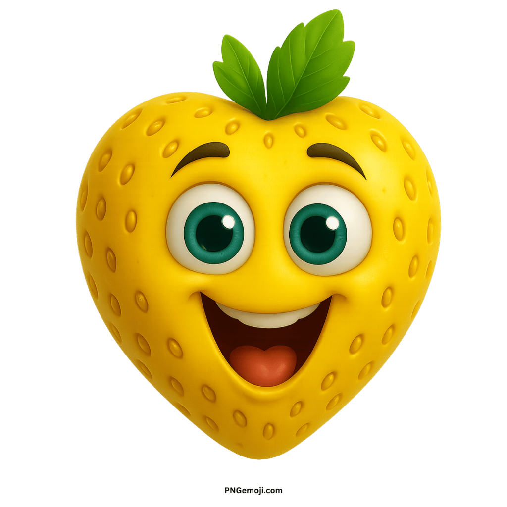 A joyful yellow heart-shaped cartoon strawberry with big green eyes and a wide smile.