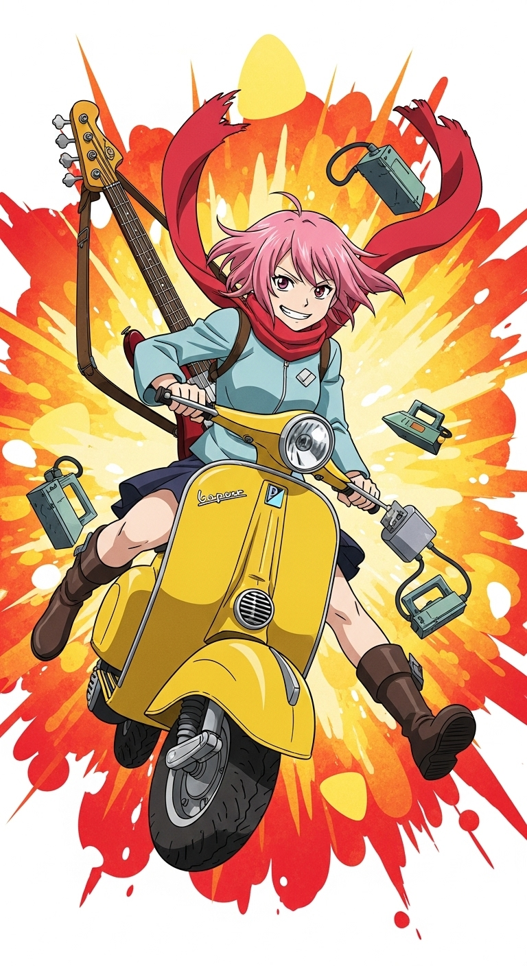 Haruko Haruhara riding yellow Vespa with guitar and explosions in FLCL anime wallpaper